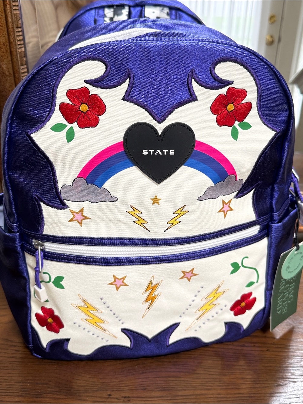 STATE Bagpack-Metallic Kanes Kids Travel Purple Rainbow & Floral Backpack.